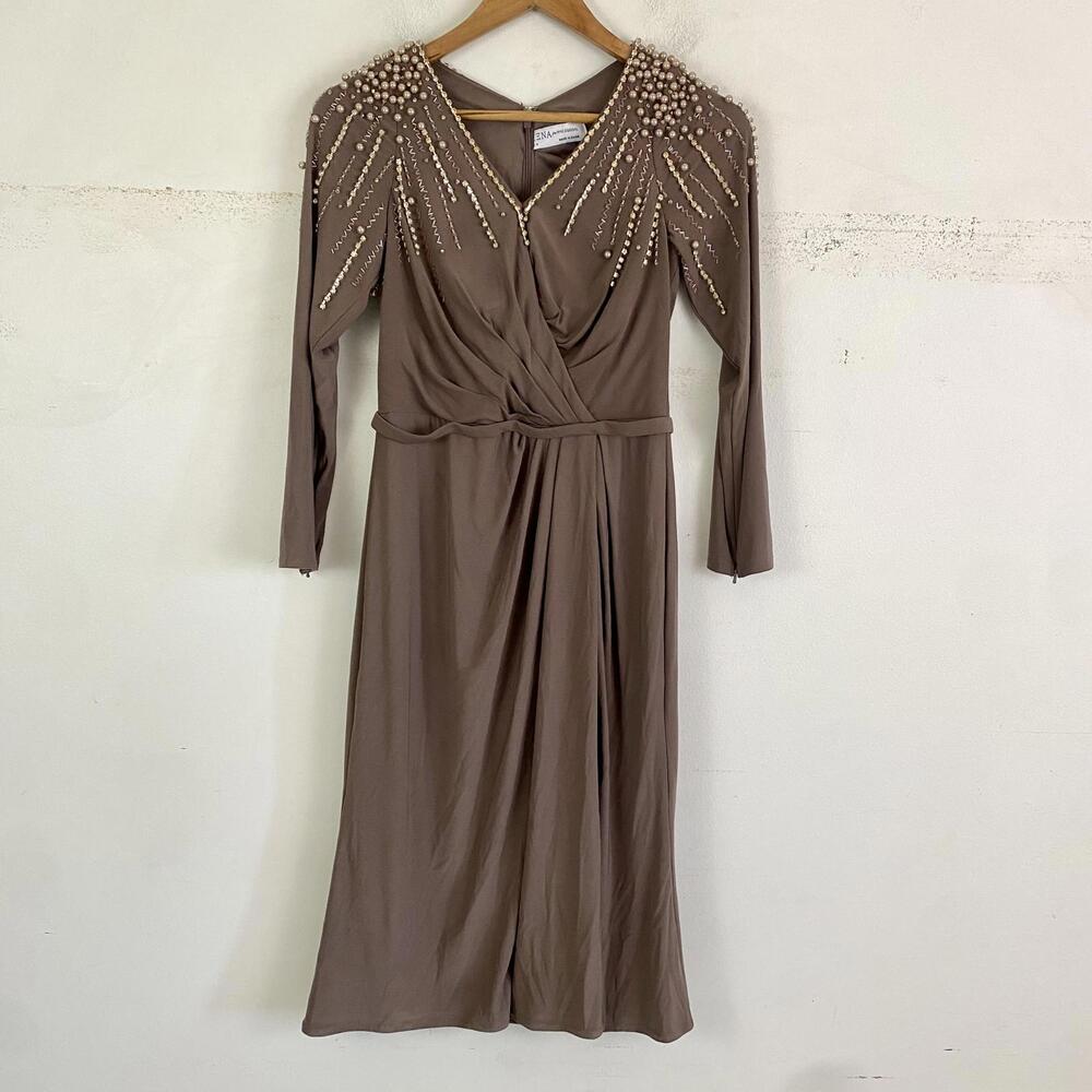 IEENA MAC DUGGAL beige beaded long sleeve mini formal dress sz 2